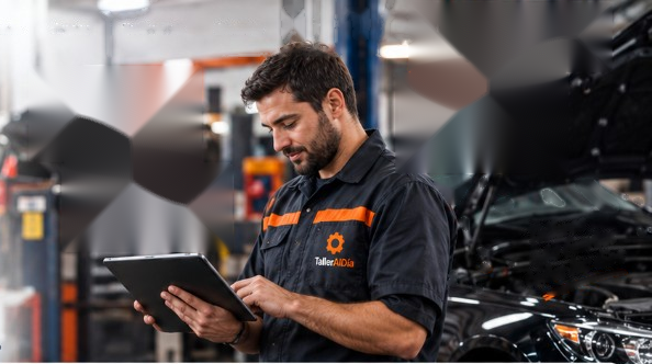 Mecánico revisando una orden en una tablet dentro del taller
